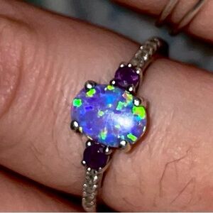 Dazzling Silver Opal and Purple Stone Ring